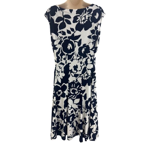 Ralph Lauren Navy Blue White Floral Ruched Sleeveless Jersey Dress Size 12 - Picture 3 of 6